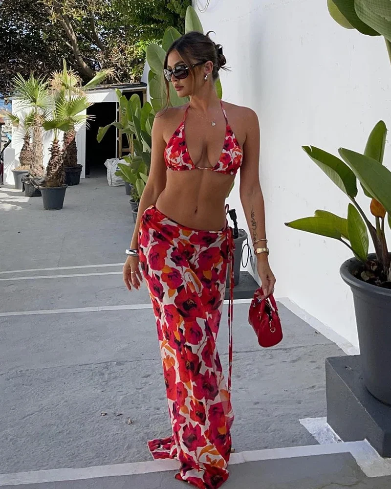 Flower Print 3 Pieces Bikini Set Summer Beach Wear With Beach Skirt Swimwear Cover-up
