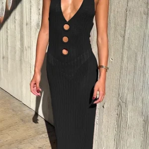 Hollow Out Maxi Dress Lace-Up Patchwork Ribbed Fashion Beach Holiday Knitwear Dress - Image 6