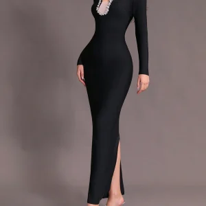Long sleeved V-neck Diamond Mesh Spliced Bandage Evening Long Dress - Image 3