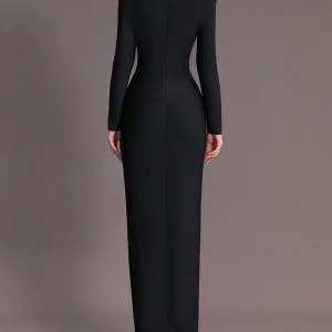 Long sleeved V-neck Diamond Mesh Spliced Bandage Evening Long Dress - Image 4