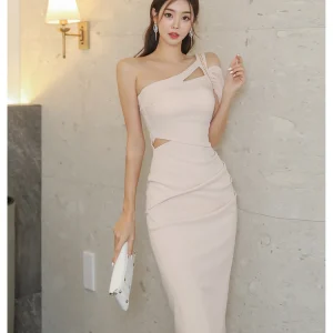 One Shoulder Pencil Dress Simple Party Bodycon Vestidos - Image 2