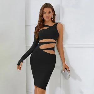 One-Shoulder Sheath Bandage Dress Modern Hollow Out Design - Image 6