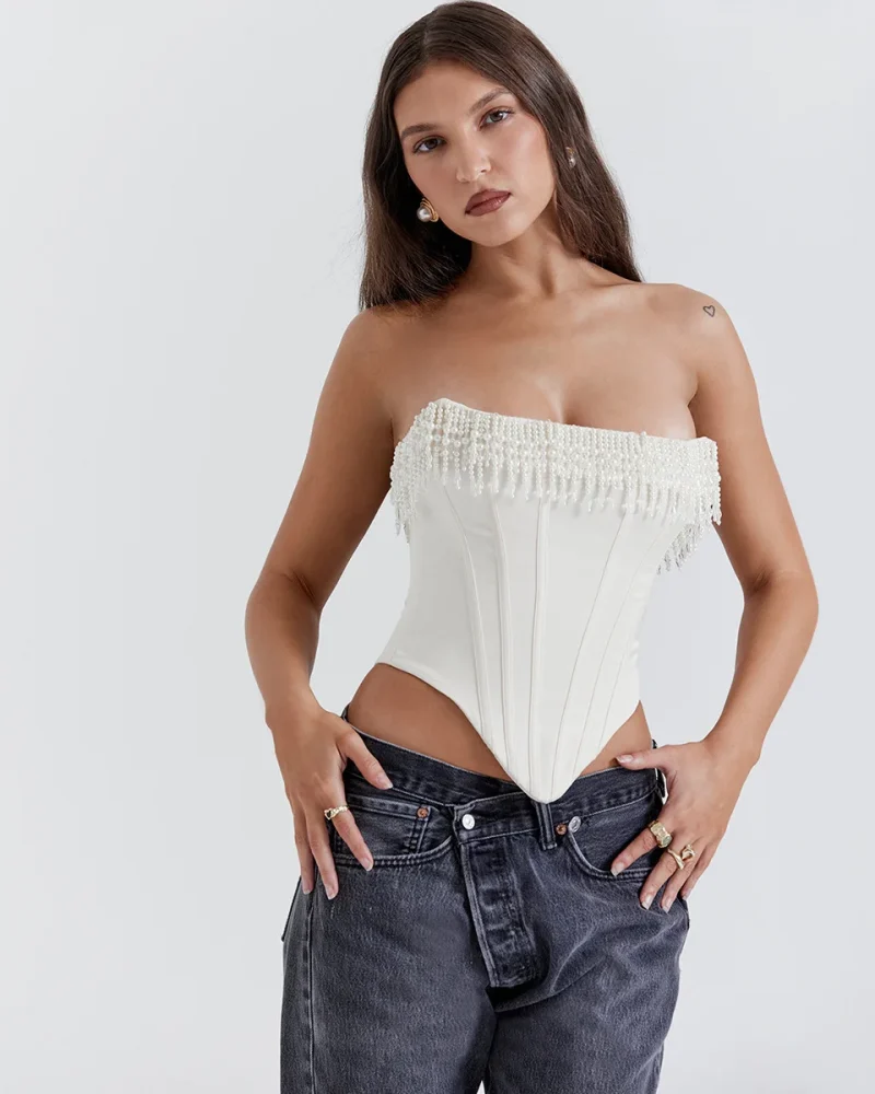Pearl Tassel Crop Tops Off-shoulder Backless Skinny Corset Tops Fashion Club Party Tops