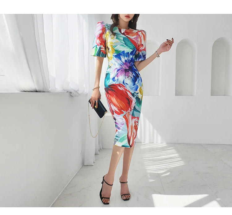 Sophisticated Boho Print Dress Knee-Length with Classic O-Neck for Fashion-Forward Women