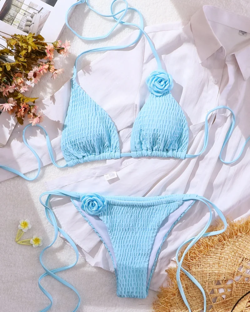 Two-piece bikini set smocked shirred push up floral halter swimwear