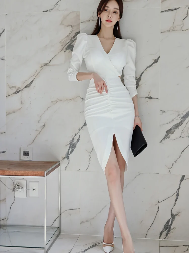 V-Neck Elegant White Profession Sheath Elegant Pencil Bodycon dresses