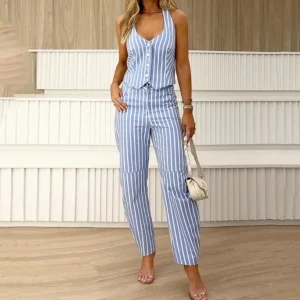 2 Pieces Sets Outfit Stripe Buttoned Vest Top And Casual High Waist Pocket Pants Set