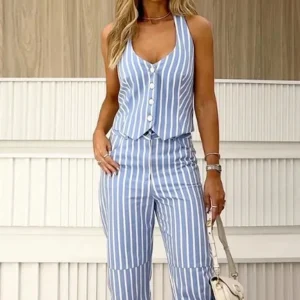 2 Pieces Sets Outfit Stripe Buttoned Vest Top And Casual High Waist Pocket Pants Set - Image 2