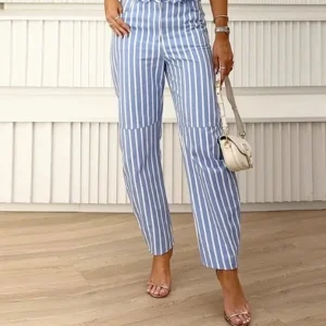 2 Pieces Sets Outfit Stripe Buttoned Vest Top And Casual High Waist Pocket Pants Set - Image 3