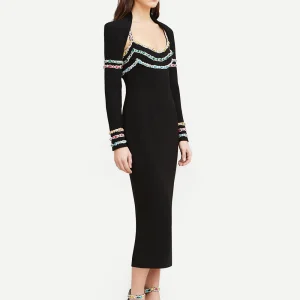2-piece Long sleeved Colorful Diamond Bandage Midi Dress Bodycon Celebrity Party Cocktail Dress