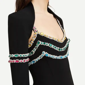 2-piece Long sleeved Colorful Diamond Bandage Midi Dress Bodycon Celebrity Party Cocktail Dress - Image 3