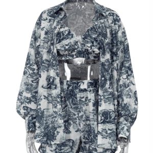 3 Piece Sets Elegant Long Sleeve Shirt + Bra With High Waist Shorts Set Streetwear - Image 2