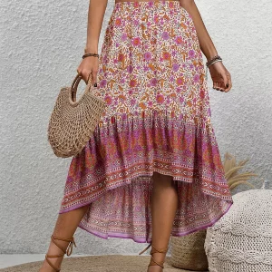 Bohemian Skirts Rose Asymmetrical Natural Waist Viscose Elegant Mid-calf Length Bottoms