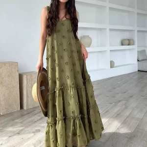 Boho Dress Ruffles Straps Neck Sleeveless Oversized Dress - Image 2