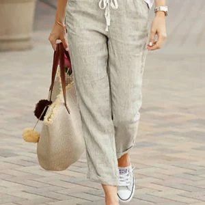 Casual Cotton Linen Loose Solid Pockets Elastic Waist Straight Long Trousers Pants - Image 4