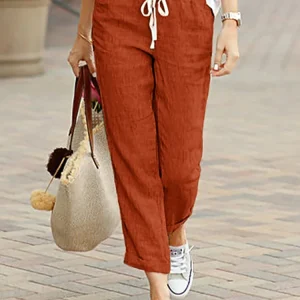 Casual Cotton Linen Loose Solid Pockets Elastic Waist Straight Long Trousers Pants