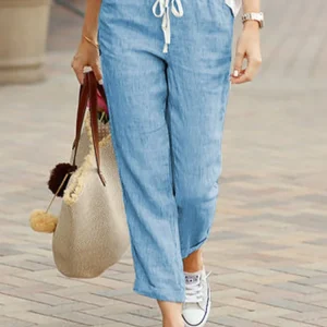 Casual Cotton Linen Loose Solid Pockets Elastic Waist Straight Long Trousers Pants - Image 3
