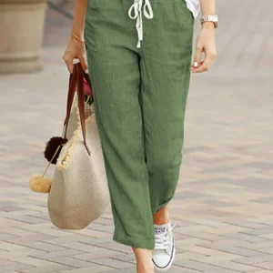 Casual Cotton Linen Loose Solid Pockets Elastic Waist Straight Long Trousers Pants - Image 2