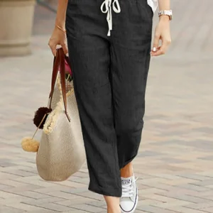 Casual Cotton Linen Loose Solid Pockets Elastic Waist Straight Long Trousers Pants - Image 5