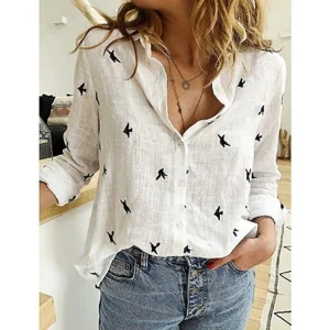 Casual Long Sleeve Birds Print Loose Cotton and Linen Vintage Streetwear Shirts