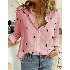 Casual Long Sleeve Birds Print Loose Cotton and Linen Vintage Streetwear Shirts - Image 3