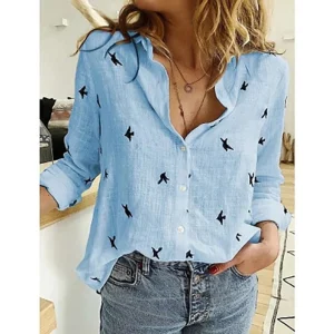 Casual Long Sleeve Birds Print Loose Cotton and Linen Vintage Streetwear Shirts - Image 4