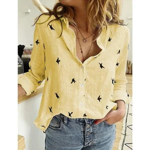 Casual Long Sleeve Birds Print Loose Cotton and Linen Vintage Streetwear Shirts - Image 5