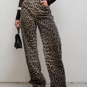 Casual Pants Cotton Natural Waist Leopard Print Cotton Trousers