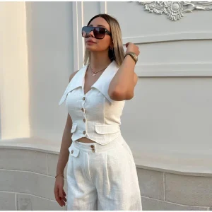 Casual Short Vest Top Pants Suit Button Up Lapel Tops Wide Leg Zipper Pants Suit - Image 4