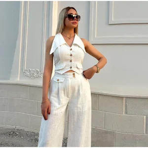 Casual Short Vest Top Pants Suit Button Up Lapel Tops Wide Leg Zipper Pants Suit - Image 5