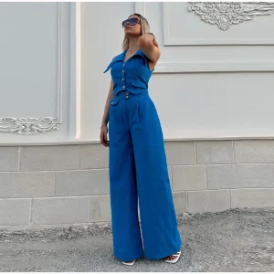 Casual Short Vest Top Pants Suit Button Up Lapel Tops Wide Leg Zipper Pants Suit - Image 8