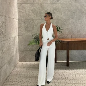 Casual Vest Pants 2 Piece Set V-neck Backless Lace Up Waistcoat Pant Suit - Image 2