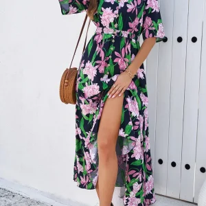 Cotton Rayon Floral Printed Dress Vintage V-Neck Bohemian Beach Wear Vestidos