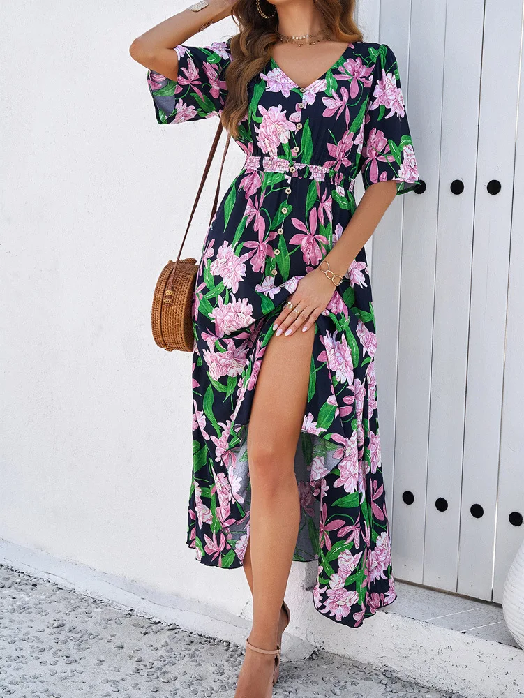 Cotton Rayon Floral Printed Dress Vintage V-Neck Bohemian Beach Wear Vestidos