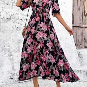 Cotton Rayon Floral Printed Dress Vintage V-Neck Bohemian Beach Wear Vestidos - Image 11