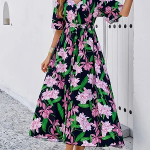Cotton Rayon Floral Printed Dress Vintage V-Neck Bohemian Beach Wear Vestidos - Image 2