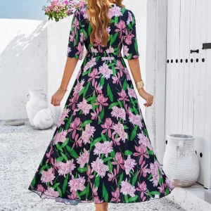 Cotton Rayon Floral Printed Dress Vintage V-Neck Bohemian Beach Wear Vestidos - Image 3