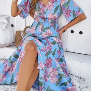 Cotton Rayon Floral Printed Dress Vintage V-Neck Bohemian Beach Wear Vestidos - Image 4