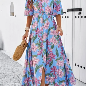 Cotton Rayon Floral Printed Dress Vintage V-Neck Bohemian Beach Wear Vestidos - Image 5