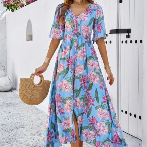 Cotton Rayon Floral Printed Dress Vintage V-Neck Bohemian Beach Wear Vestidos - Image 6