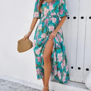 Cotton Rayon Floral Printed Dress Vintage V-Neck Bohemian Beach Wear Vestidos - Image 7