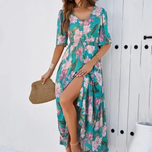 Cotton Rayon Floral Printed Dress Vintage V-Neck Bohemian Beach Wear Vestidos - Image 8