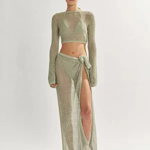 Cover Ups Knotted Jewel Neck Long Sleeves Backless Acrylic Bathing Suits - Image 4