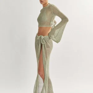 Cover Ups Knotted Jewel Neck Long Sleeves Backless Acrylic Bathing Suits - Image 2