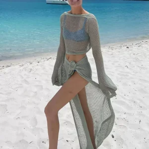 Cover Ups Knotted Jewel Neck Long Sleeves Backless Acrylic Bathing Suits