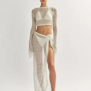 Cover Ups Knotted Jewel Neck Long Sleeves Backless Acrylic Bathing Suits - Image 8