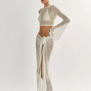 Cover Ups Knotted Jewel Neck Long Sleeves Backless Acrylic Bathing Suits - Image 7
