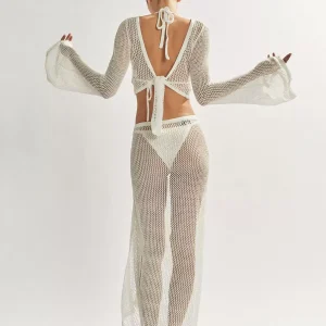 Cover Ups Knotted Jewel Neck Long Sleeves Backless Acrylic Bathing Suits - Image 6