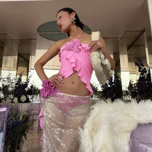 Crop Tops Flower Bandage Off Shoulder Holiday Ruffles Backless Top - Image 3