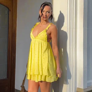 Deep V Neck Flower Dress Mesh Patchwork Beach Vacation High Waist Short Dress